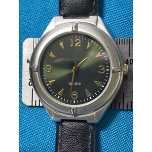 Advance Mens Silver Tone Green Dial Black Leather Quartz Watch New Battery